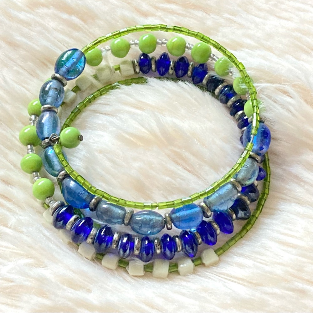 Green and Blue Beaded Bangle Bracelet